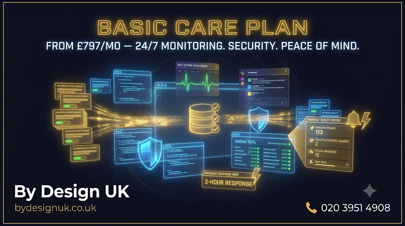 Basic Care — Monthly SaaS Platform Support & Security Monitoring | £797–£2,000/mo | By Design UK