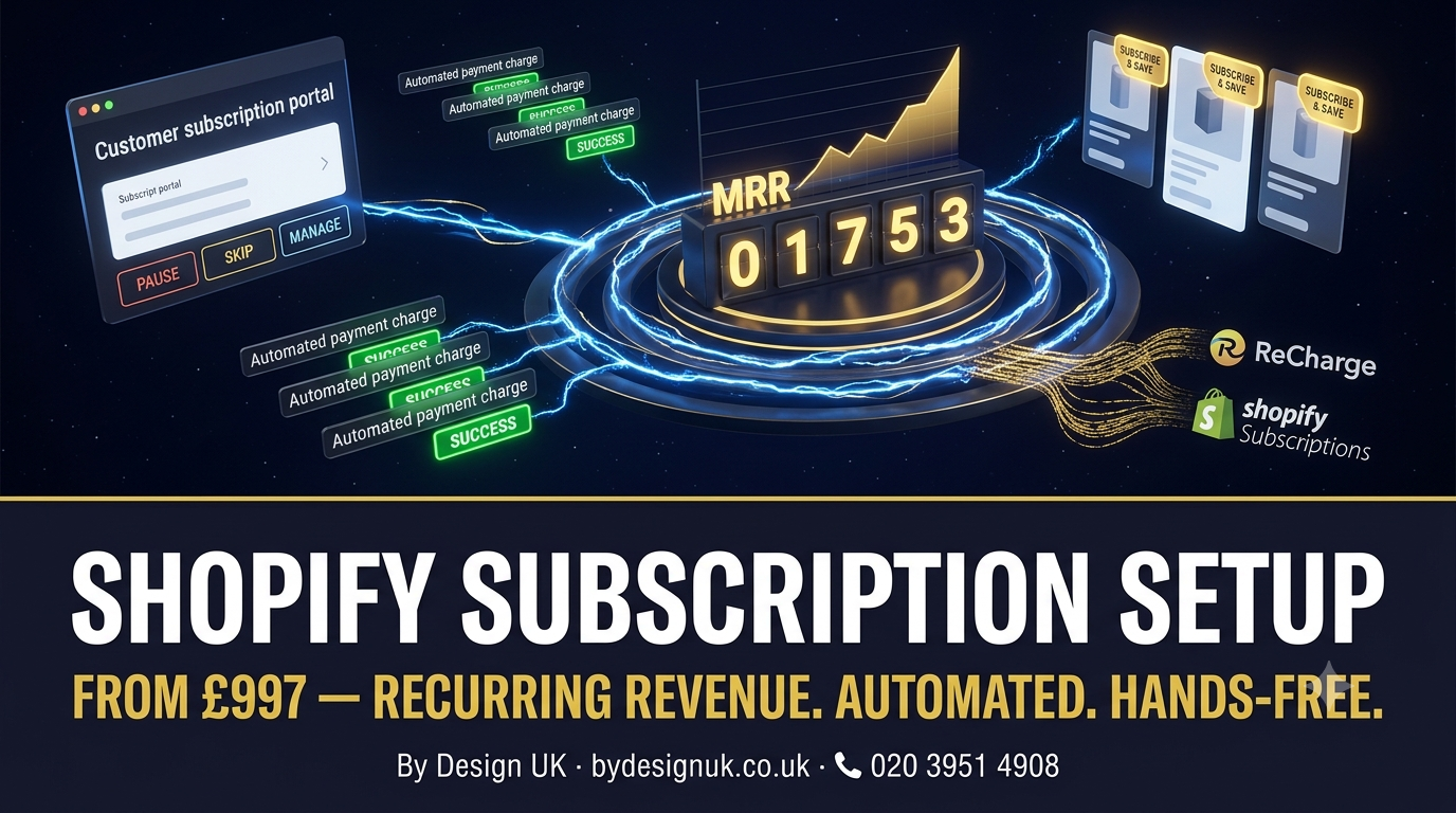Shopify Subscription Setup — ReCharge or Shopify Subscriptions for Recurring Revenue | £997–£2,997 | By Design UK