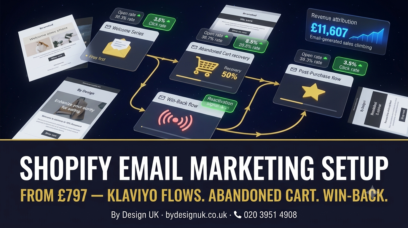 Shopify Email Marketing Setup — Klaviyo Flows, Welcome Series & Abandoned Cart | £797–£2,997 | By Design UK