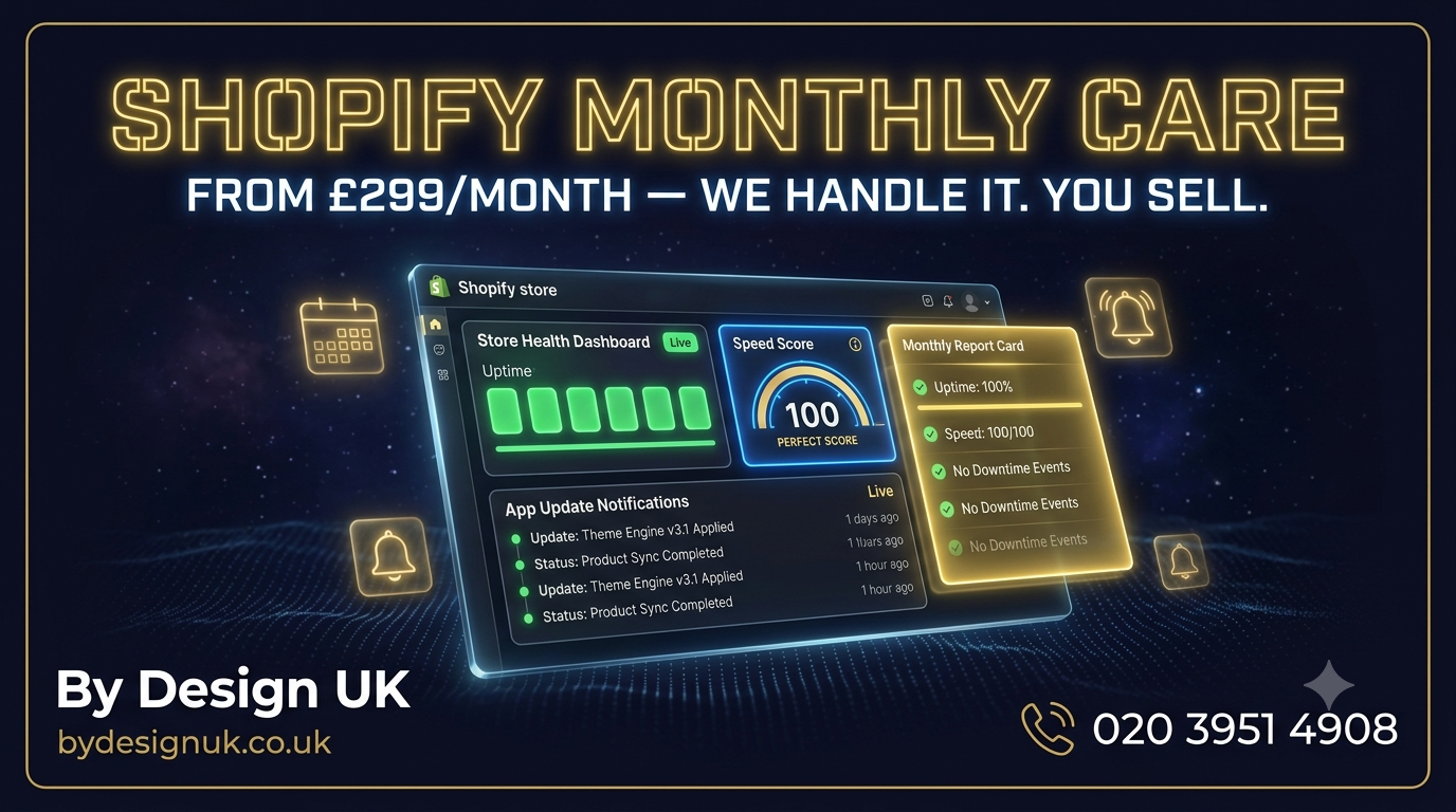 Shopify Monthly Care — Support, Updates & App Management | £299–£999/mo | By Design UK