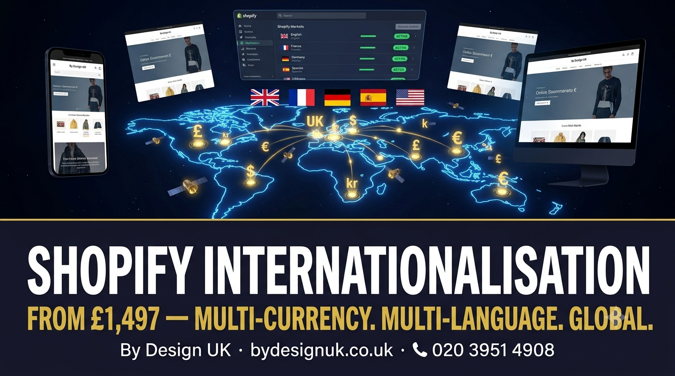 Shopify Internationalisation — Multi-Currency, Multi-Language & Shopify Markets Setup | £1,497–£4,997 | By Design UK